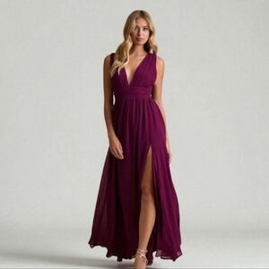 NWT Lulus Heavenly Hues Plum Maxi Dress Plunging V Neckline Chiffon Side Slit XS